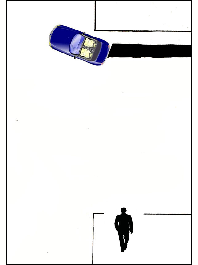 Drawing shows a pedestrian at a corner facing north with the parallel street on his left.  A car is on the far lane of the street the pedestrian is facing, and is turning right to go north on the parallel street.